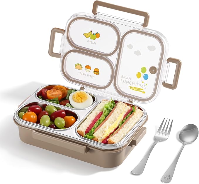 NUKied Stainless Steel Lunch Box for Kids & Adults, 3-Compartment Leak Proof Metal Bento Lunch Box with Fork & Spoon, 26.4 oz Airtight Food Storage Snack Container for School, Work, Travel (Brown)