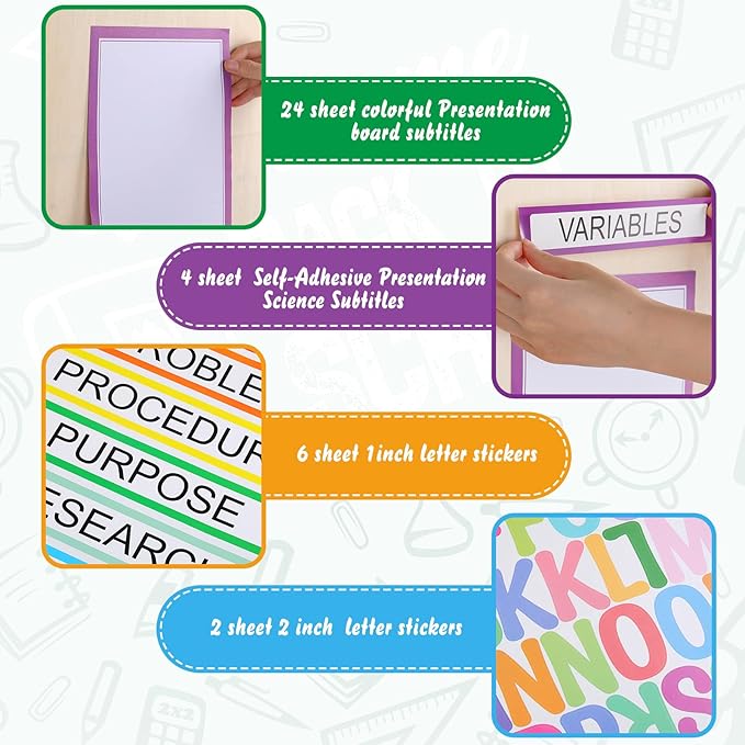 PerKoop 36 Sheets Science Fair Board Poster Boards Supplies 24 Self Adhesive Presentation Subtitles 4 Science Fair Project Titles 8 Personalized Letter Sticker for Classroom(Colorful)