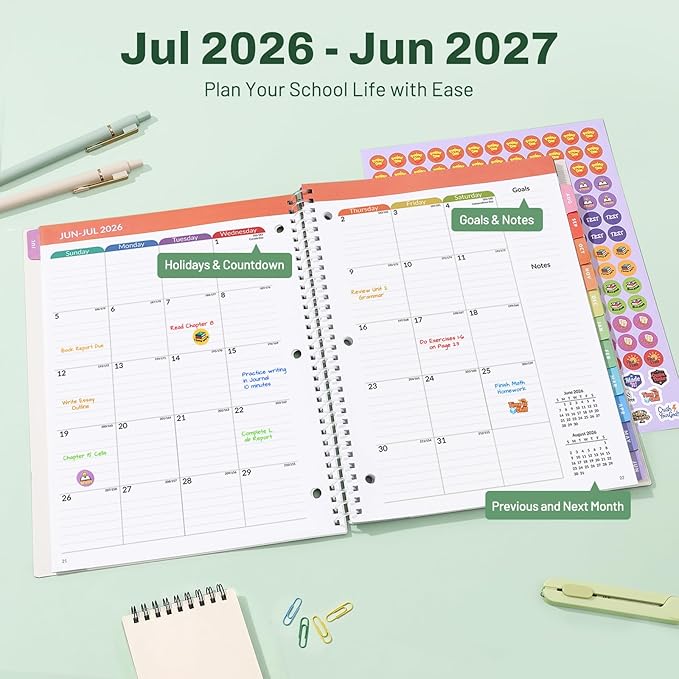 Student Planner 2026-2027, SUNEE Middle or High School Student Planner for Academic Year Jul. 2026 - Jun. 2027, 8.5"×11" Lesson Plan Book with 3-Hole Punched, Bookmark, Planning Stickers, Green Waves