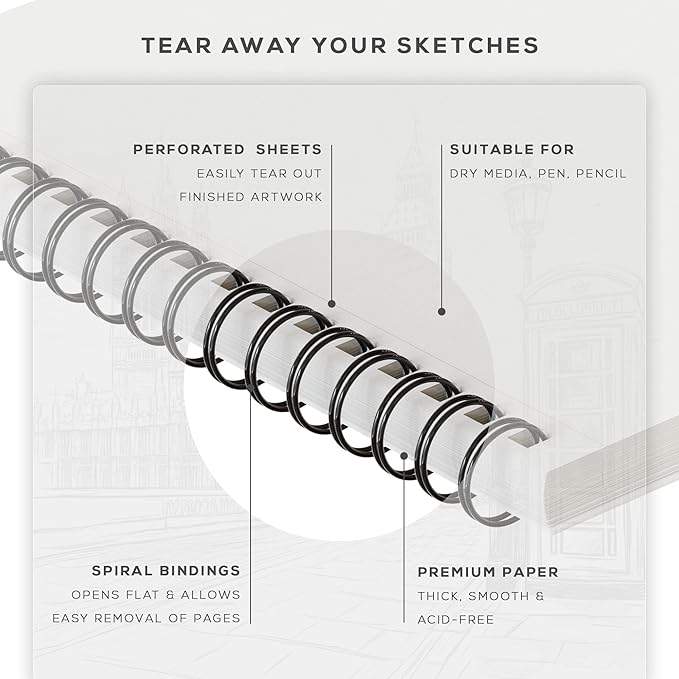 BEECHMORE BOOKS 9"x12" Spiral Bound Sketchbook - 100 Perforated Sheets 140 GSM (95lb) Acid-Free White Paper, Premium Professional Artist Sketch Pad, Art Supplies for Adults Students Drawing Notebook