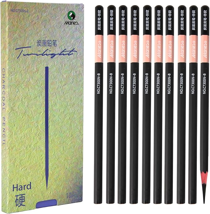 Marie's Charcoal Pencils for Drawing, 10 Pieces, Extra Hard Hard Medium Soft Extra Soft, Sketching Pencils for Artists, Smooth Charcoal Core for Layering, Blending and Detailed Artwork(Hard)