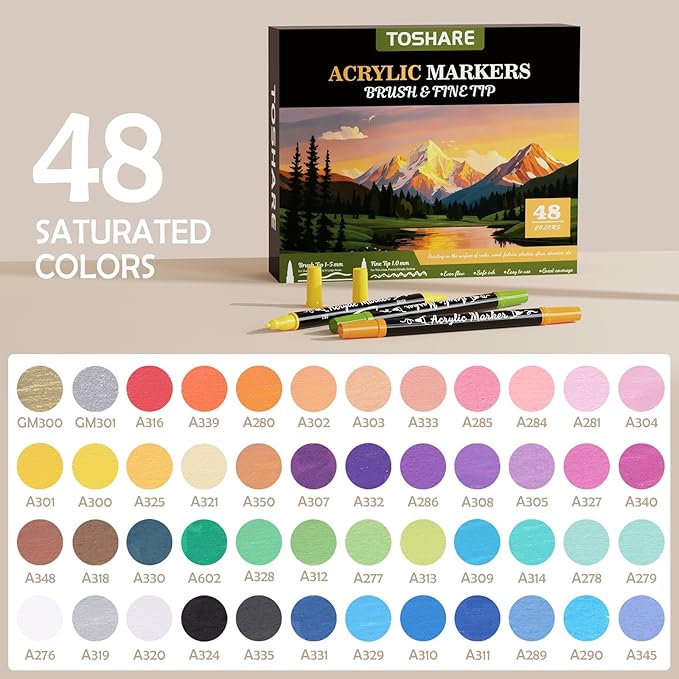 TOSHARE 48 Colors Acrylic Paint Markers, Brush & Fine Dual Tip Acrylic Paint Pens for Rock, Wood, Paper, Fabric, Canvas, Glass, Ceramic, Egg, Scrapbook and DIY Crafts Supplies Art Gifts