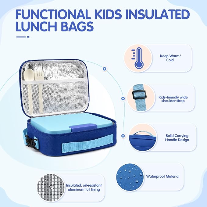 HOMETALL Bento Lunch Box for Kids with 8.5oz Insulated Food Thermo - Leakproof Bento Box Lunch Bags for Ages 3 to 14, Back to School BPA-Free Lunchbox Snack Containers Reusable Daycare Meal Prep,Blue