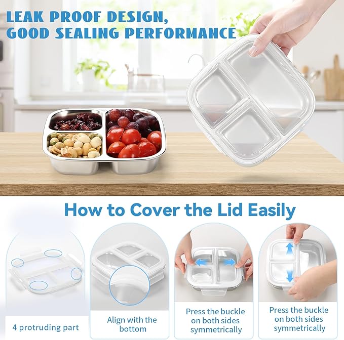 2 Pack Stainless Steel Snack Containers, 3 Compartments Reusable on the go Bento Box with Lids for Kids, Toddler Lunch Box Containers Pre Meal Storage for Daycare School Camping - White Blue