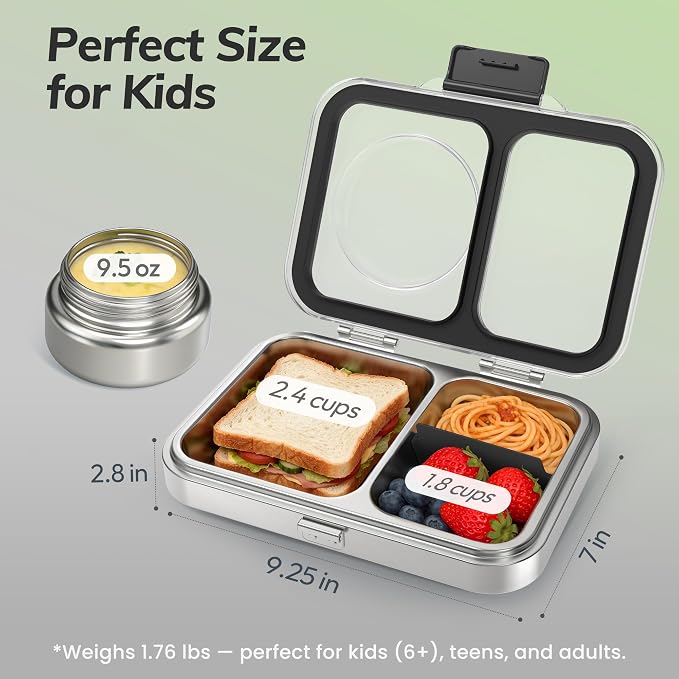 HOMEKOL Stainless Steel Bento Lunch Box + 9.5oz Insulated Food Jar, Black | 2-Compartment Leak-Proof Container for Kids & Adults, BPA/BPS-Free, 18/8 Metal, Dishwasher Safe, Clear Tritan Lid