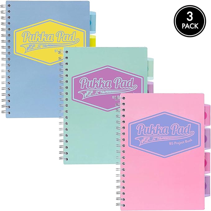 Pukka Pad 5 Subject Spiral Notebook 3-Pack - 200 Pages, 100 Sheets of 80GSM Paper with Repositionable Dividers & Perforated Edges for School & Office Planning & Organization - B5-7 X 10, Pastel