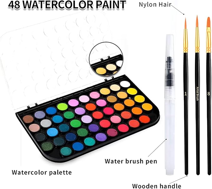 GETHPEN Watercolor Paint,watercolor paint set,48 Colors Washable Watercolor Paint Set With Brush, Refillable Water Brush Pen, Palette, and Water-Washable Paints for Adults Artist Beginner