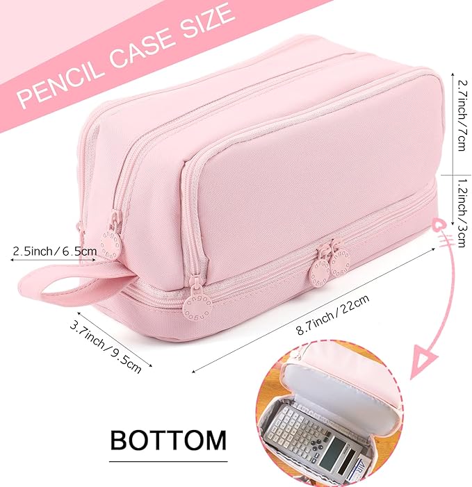 MAMUNU Large Capacity Pencil Case 4 Compartments, Pencil Pouch Bag with Zipper Portable Handle, Pen Case Bag Stationery Organizer for Office College School Adults Teen Girls Boys Men Women, Pink