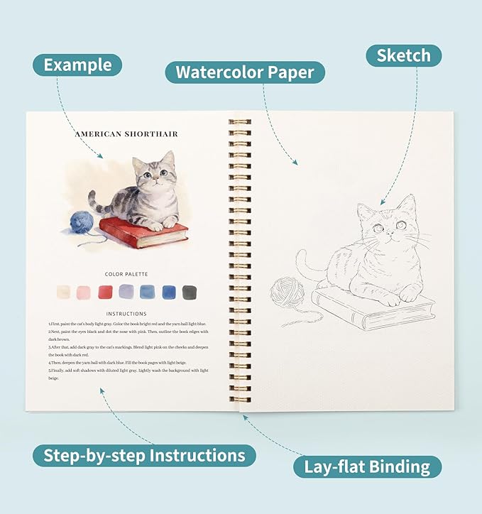 Watercolor Workbook Animals, Water Coloring Book, 12 Different Patterns of Original DIY Designs, 50 Colors Watercolor Paint Set with Palette and Brush, Beginner-Friendly Watercolor Workbooks (Animals)