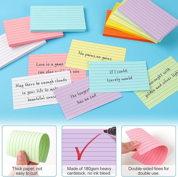 Utron 248 Sheets Colored Index Cards 3x5, Double-Sided Blank Notes Flash Cards for Studying, Note Cards 3x5 Lined, Flashcards for Studying, Index Notecards for Office