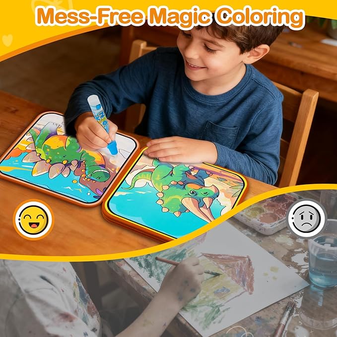 Dinosaur Water Coloring Book Toy for Toddler–Reusable Water Painting Book with Water Pen,Mess Free Coloring Magic Water Book for Kids,Preschool Educational Drawing Travel Toys for Boy/Girl Age 3+