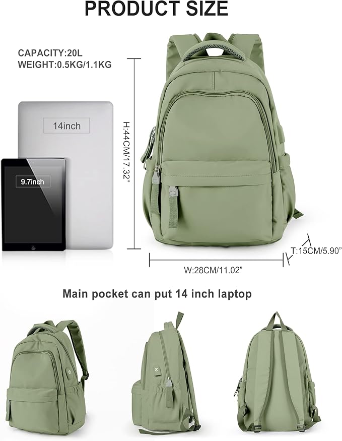 winspansy Small Backpack For School Girls Boys Aesthetic Lightweight Travel Daypack Simple Cute Backpack For Women Men College High School Bookbag Bag Fit 14 Inch Laptop With USB charging port, Green