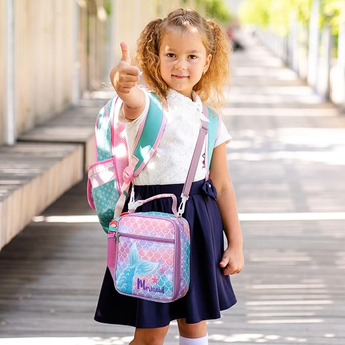 Bagseri Kids Lunch Bag with Shoulder Strap - Insulated Crossbody Girls Lunch Box for School & Travel, Reusable Large Meal Tote with Bottle Holder, Fits Bento Box, Purple Mermaid Tail