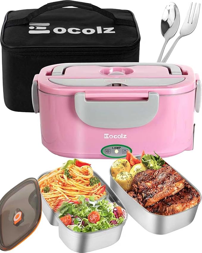 Eocolz Electric Lunch Box Food Heater 80-100W, Food Warmer with Dual Container 1.5L Portable Heated Lunch Box for Car Truck Work Stainless Steel Fork & Spoon 12/24/110V for Adults Lonchera Eléctrica