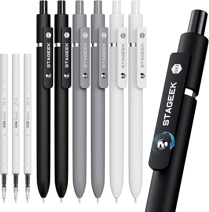 STAGEEK GX3 Black Gel Pens,6Pcs Quick Dry Smooth Writing Pen with 3 Refills | Black Ink Pens, 0.7mm Fine Point, Retractable, Office, School Supplies, Journaling & Note Taking, for Nurses, Teachers