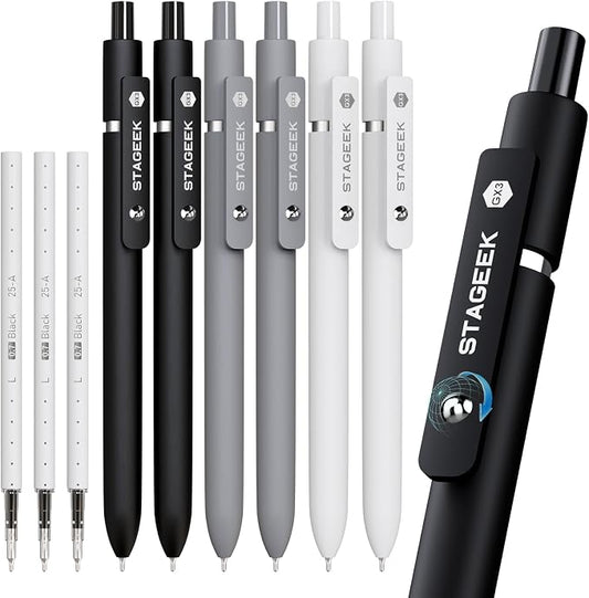 STAGEEK GX3 Black Gel Pens,6Pcs Quick Dry Smooth Writing Pen with 3 Refills | Black Ink Pens, 0.7mm Fine Point, Retractable, Office, School Supplies, Journaling & Note Taking, for Nurses, Teachers