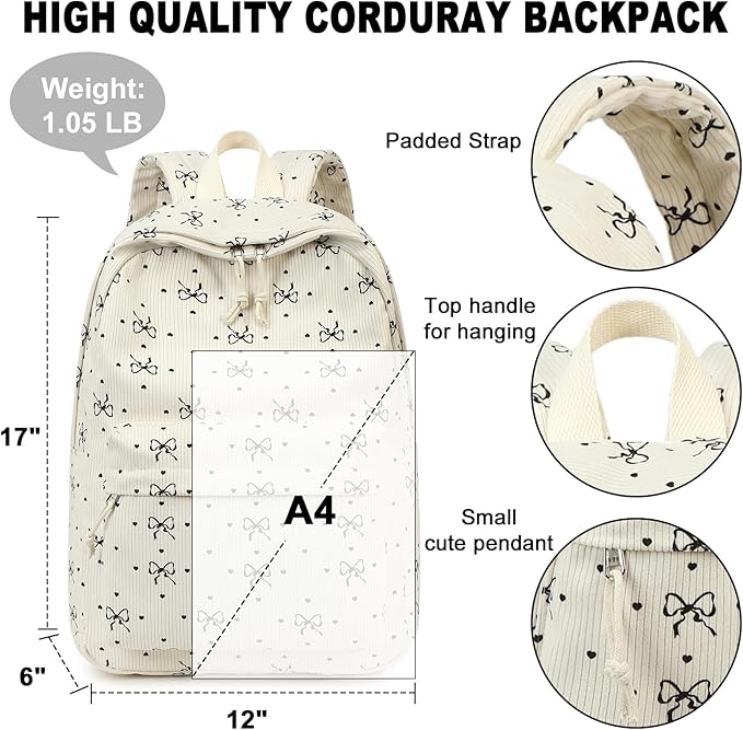 BTOOP School Backpack for Teens Large Corduroy Bookbag Lightweight 15.6 inch Laptop Bag for Girls Women Casual High School College