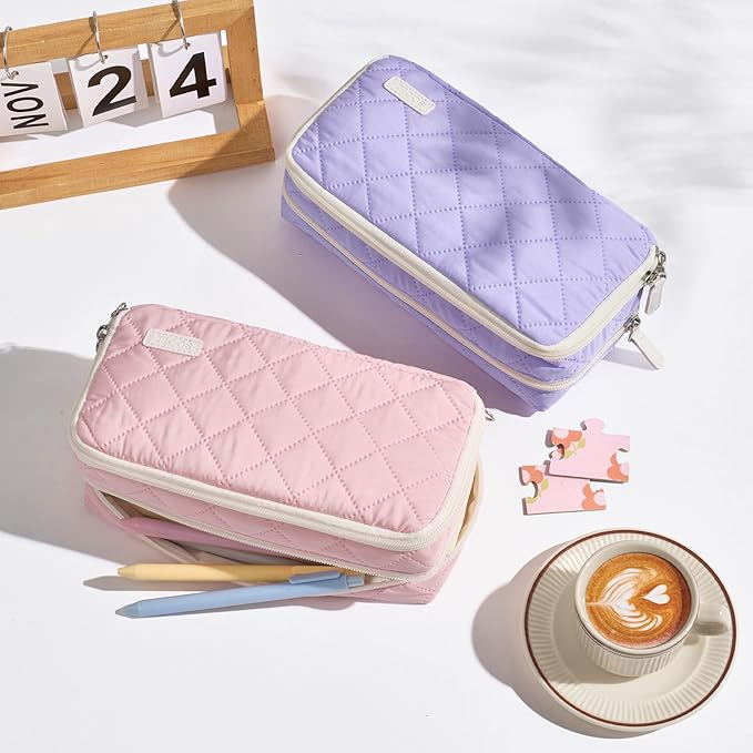 Sooez Large Pencil Case Pouch, Extra Big Pencil Bag with 8 Compartments, Pen Bag Wide Opening, Soft Quilted Pencil Pouch Organizer with Zipper, Portable Pencil Case for Teen Girls, Light Gray