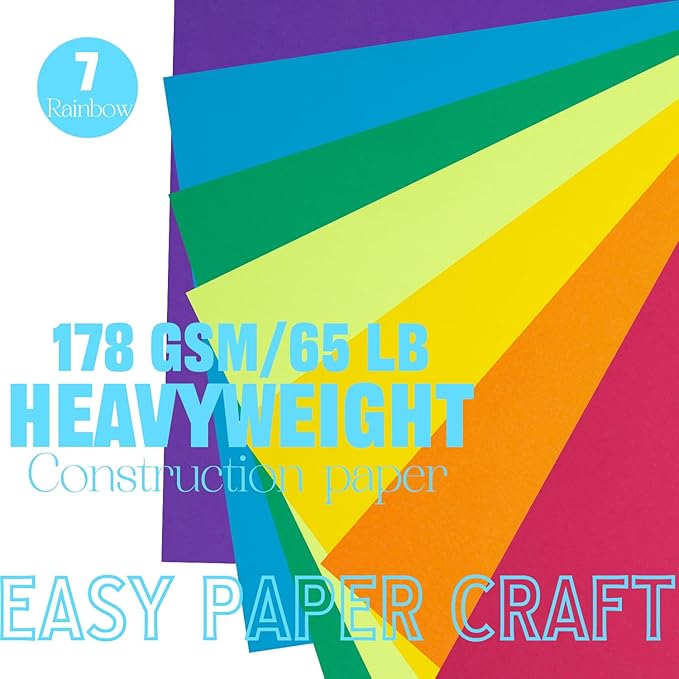 Construction Paper 8.5x11 in,70 Sheets,Set of 7 Colors Classic Rainbow 178GSM/65LB Heavyweight Construction Paper,Crafts,Arts,School Classroom Art Supplies Assorted Colors Bulk Paper