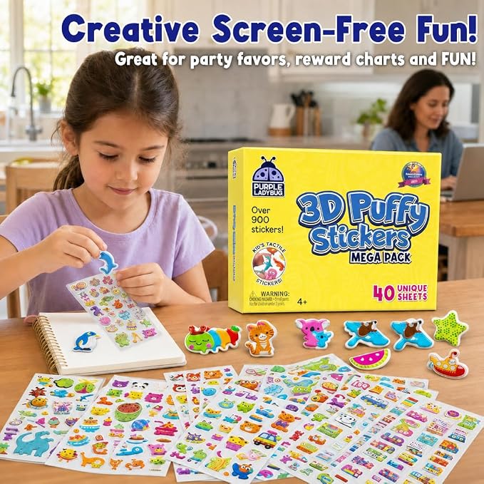 Purple Ladybug 3D Puffy Stickers for Kids - 40 Sheets, 950+ Foam Stickers for Toddler Girls & Boys, Classroom & Teachers Must Haves, Boredom Buster - Back to School Gift for Kindergarten Girls & Boys