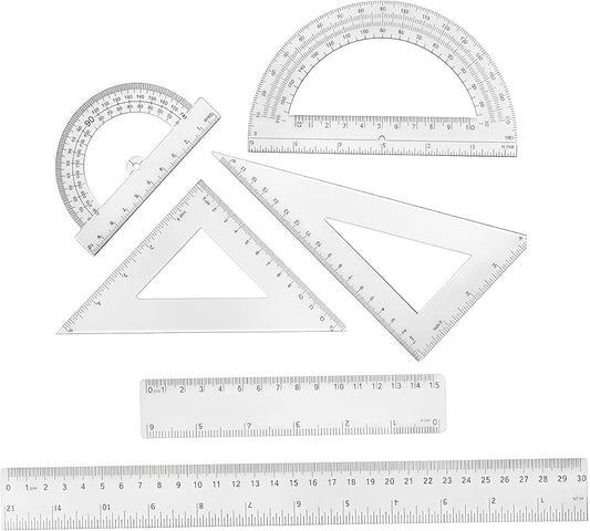 1 Set Clear Math Set, Plastic Protractor Triangle Rulers 12 Inch Straight Geometry, Transparent Measuring Tool for School Office Home Supplies
