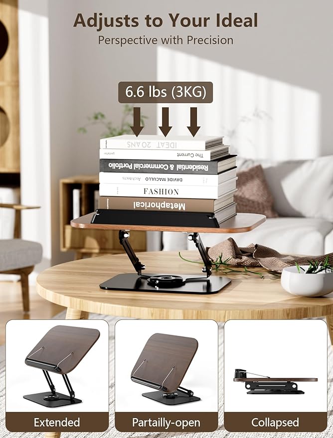Book Stand for Reading, Adjustable Book Holder with 360° Rotating Base Foldable & Portable Cookbook Stand with Elastic Page Clip for Kindle Office Kitchen Recipe School Textbook Magazine Tablet Laptop