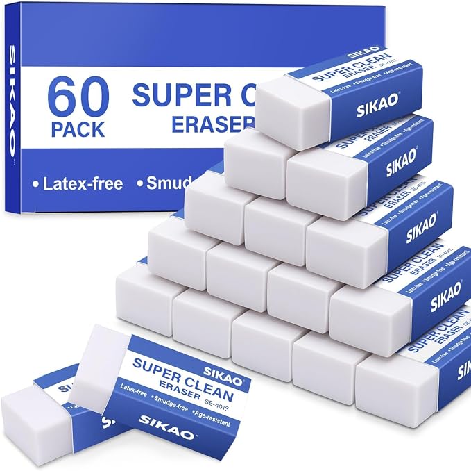 White Erasers, 60 Pack Block Pencil Erasers