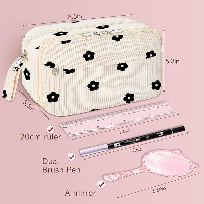 Large Pencil Pouch for Girls,Cute Corduroy Pencil Case Pouch Aesthetic Soft Pencil Bag for School, Zippered Pencil Organizer School Supplies for Girls Women Gift (black floral)