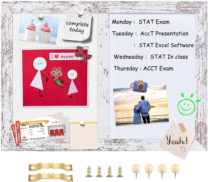 Bulletin Board Whiteboard White Felt Board Combo for Office School Kitchen Bedroom, White Wood Frame,10.2"*14.2",Whiteboard+WH-2636WH