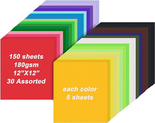 Oleitodh Colored Cardstock Bulk 150 Sheets, 30 Assorted Colors, 12" x 12" Cardstock Paper, 180 GSM, Perfect for Cricut, Scrapbooking, Crafts