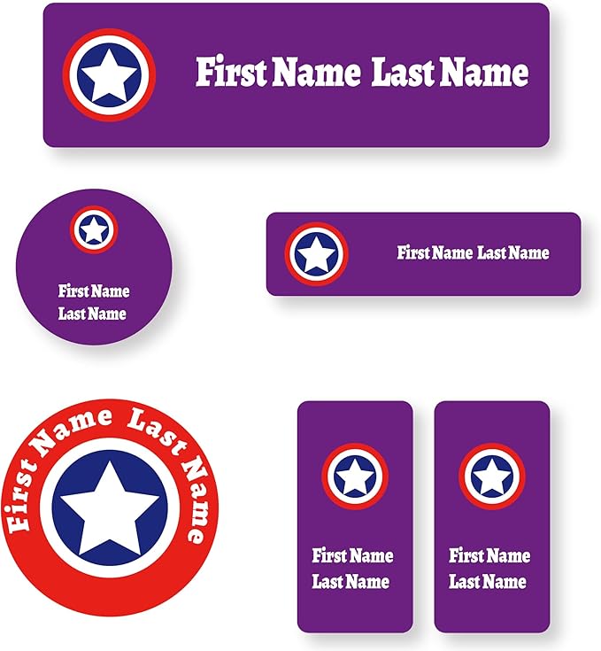 Personalized Kids Name Labels – Waterproof Custom Stickers for Daycare & School, Dishwasher & Laundry Safe (Captain - Purple)