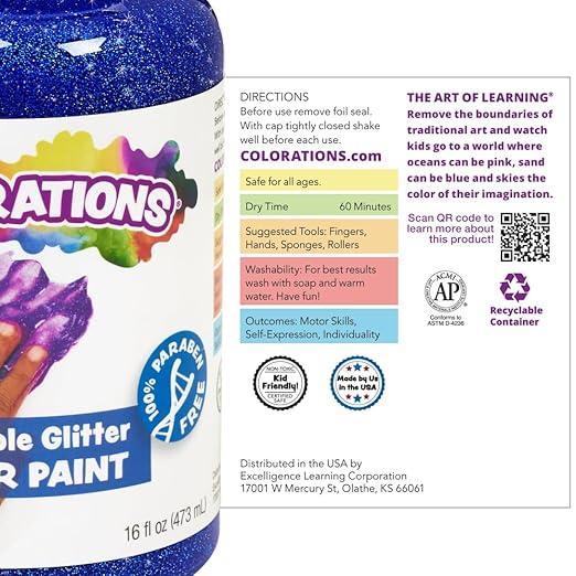 Colorations Paraben-Free Washable Glitter Finger Paint, Set of 5-16 oz.