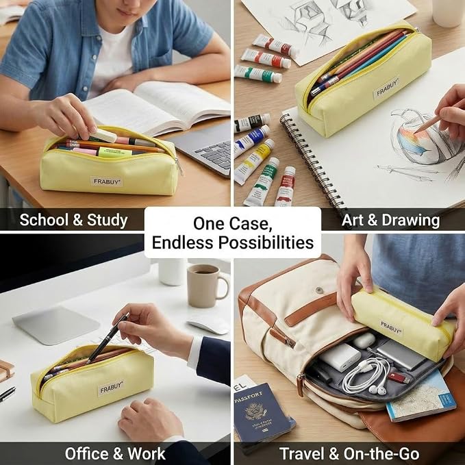 Canvas Pencil Case Pouch – Multipurpose Pen Bag Stationery Yellow | Heavy-duty canvas, smooth alloy zipper, cute organizer for girls and boys, ideal for stationery, cosmetics, tech gear