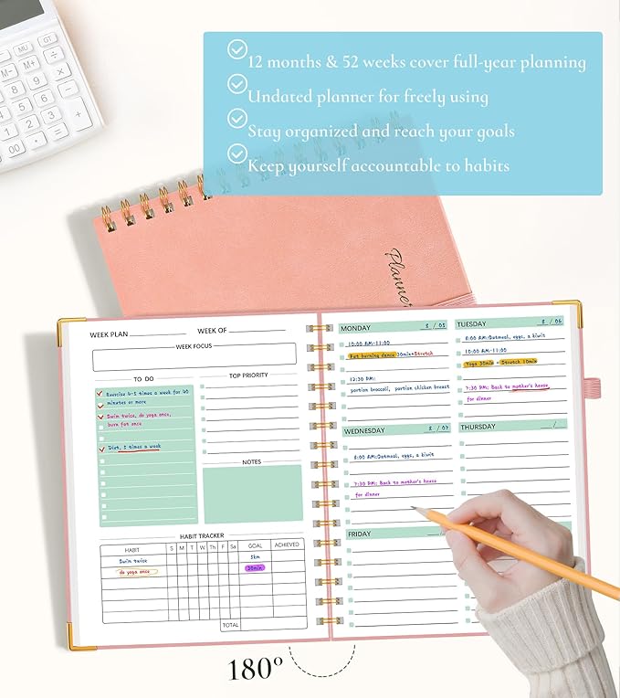 Undated Weekly Planner, Hardcover Leather Weekly & Monthly Calendar Blank Planner, To Do List Notebook with Goal & Habit Tracker Organizer, A5 Daily Planner with Spiral Binding, Ideal for Work School Home, Pink
