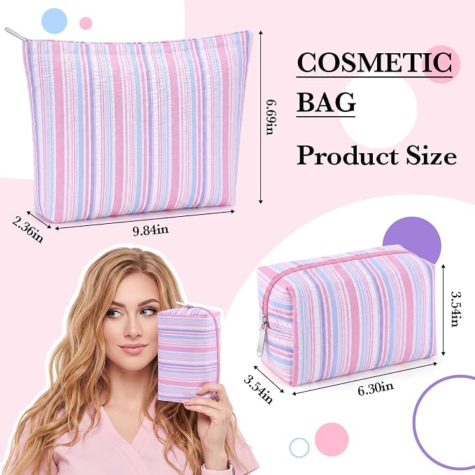 Huhumy 2 Pcs Striped Makeup Bag, Travel Toiletry Bag for Women, Aesthetic Cute Colorful Cosmetic Pouch, Seersucker Storage Organizer for Accessories, Essentials, Toiletries (Pink Purple Blue)