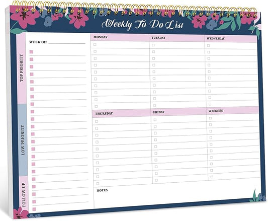 Taja Weekly To Do List Notepad with 52 Undated Sheets（8.5"×11"）- Weekly Desk Planner for Women & Man, Work and Home - 1 Pack Twilight Petals