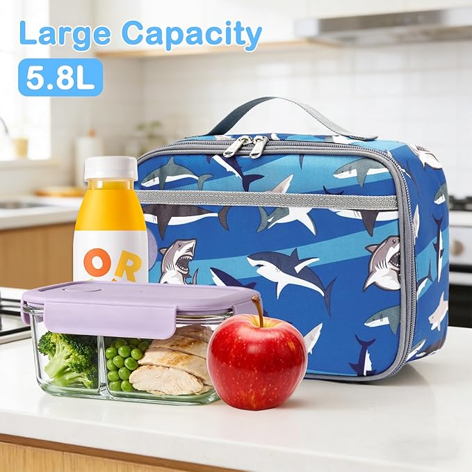 FlowFly Kids Lunch box Insulated Soft Bag Mini Cooler Back to School Thermal Meal Tote Kit for Girls, Boys, Shark