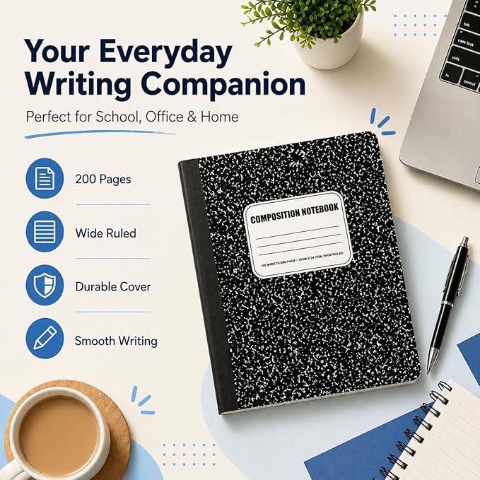 CLEENTABLE Composition Notebook 12 Pack, Wide Ruled Paper, Marble Cover Notebooks for School, 9.75 x 7.5 Inches, 100 Sheets (200 Pages), Sewn Binding Comp Books, Black
