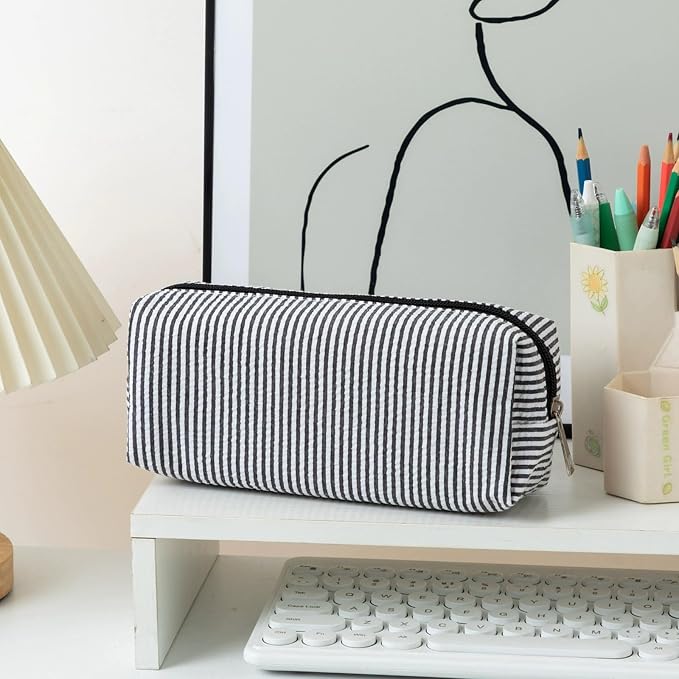 Cute Large Capacity Pencil Case | Aesthetic Striped Pencil Pouch for Office Supplies Organizer (Black)