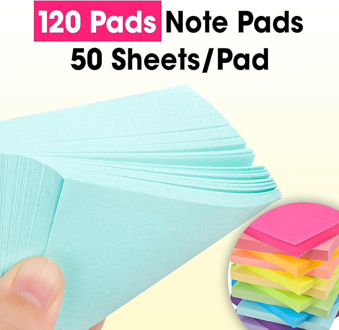 120 Pads Sticky Notes 3x3, Self-Stick Pads Bulk Bright Colors, School Supplies, Office Products, 50 Sheet/Pad