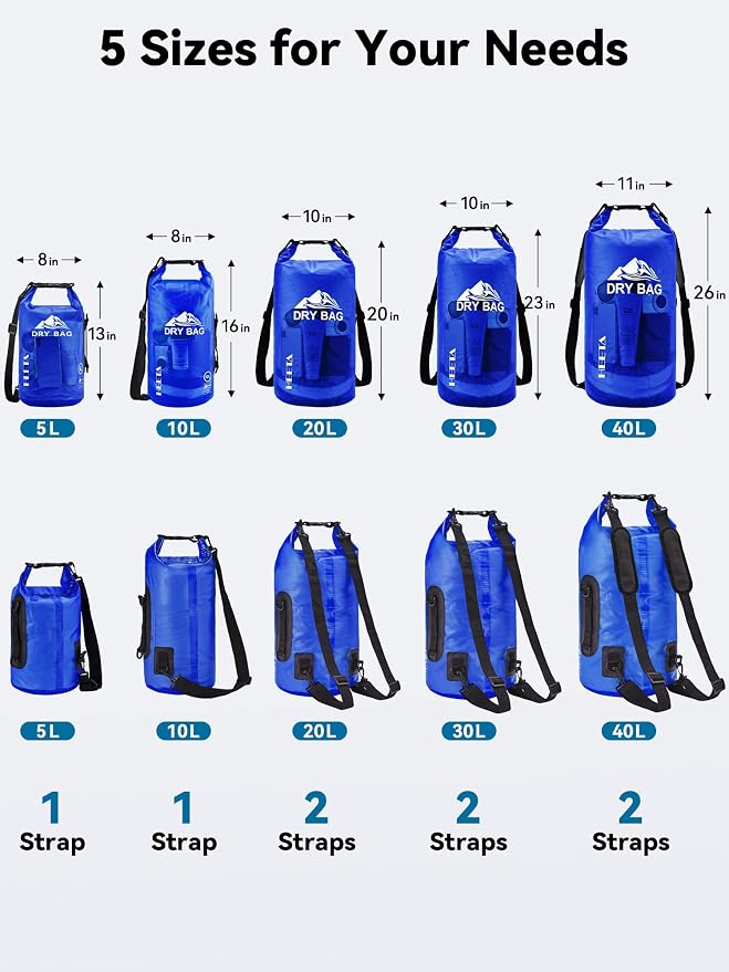 HEETA Dry Bag Waterproof Backpack with Phone Case 5L/10L/20L/30L/40L | Roll Top Lightweight Dry Storage Bag for Women Men, Travel Boating Kayaking Paddle Board Camping Beach Essentials Accessories