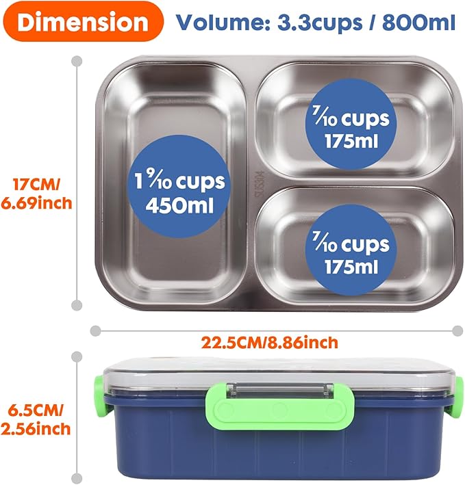 Stainless Steel Bento Lunch Box for Kids, 800ml/27oz BPA-Free Leak-Proof Food Containers with 3 Compartments, Freezer & Dishwasher Safe, Back to School Students Lunches Size for Ages 3-7