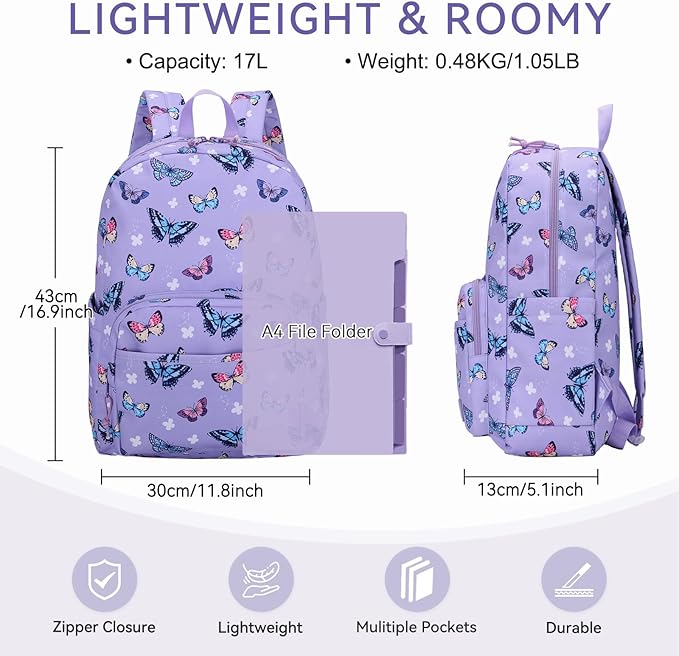 VASCHY School Backpacks, Lightweight Bookbag Schoolbag for Kid Girls Casual Basic Simple Daypack for Teen Girls Butterfly