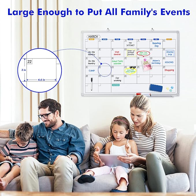 Dry Erase Calendar Whiteboard for Wall, 36" x 24" Magnetic Monthly White Board Calendar Dry Erase, Wall Hanging Aluminum Frame with Tray for Home, School, Office (Silver Frame)