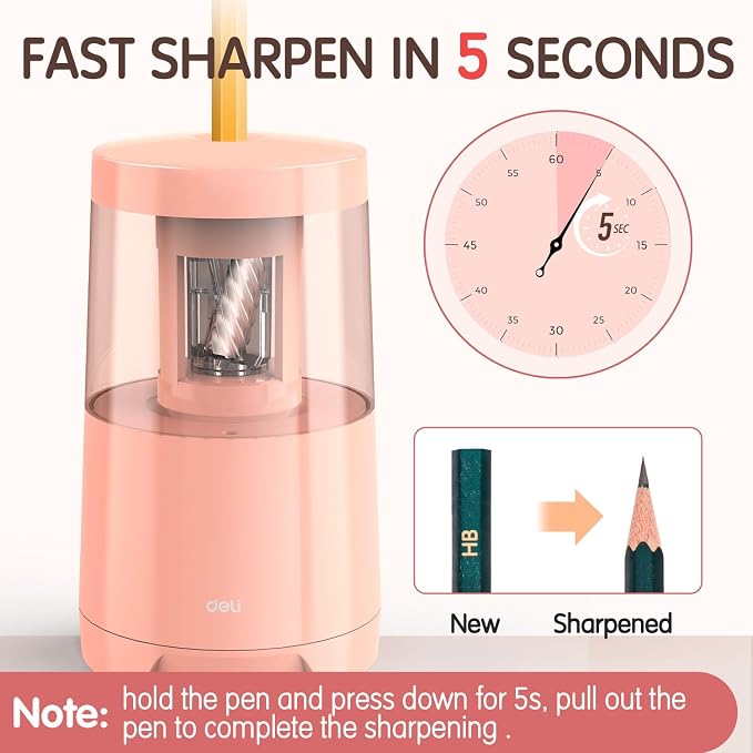 Deli Electric Pencil Sharpener, Automatic Pencil Sharpeners, Pink