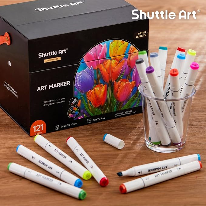Shuttle Art 121 Colors Alcohol Markers, 120 Colors Dual Tip Art Marker Set Plus 1 Colorless Blender with Marker Case Perfect for Illustration Students Adult Coloring Sketching
