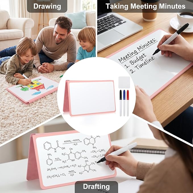Portable White Board Dry Erase Small, Reusable White Board with 3 Colors Fineliner Pens Foldable Pink Pu Cover Handheld Whiteboard for Meeting Business Office 9.64x6.7 Inch