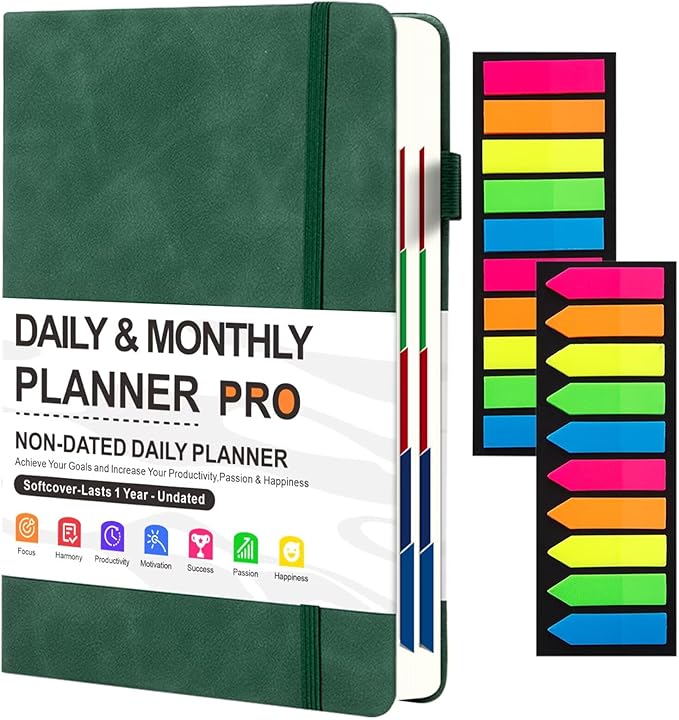 416-Page Daily & Weekly Planner Notebook – Thick 100gsm Paper Productivity Journal with 200 Index Stickers, Hardcover B5 Organizer for Office & Study (Green)