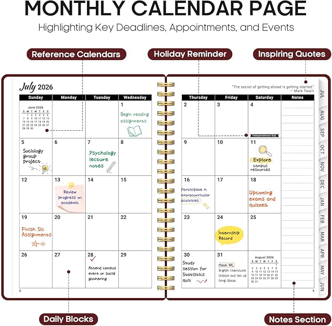 Planner 2026-2027, 6.3" x 8.5" Weekly and Monthly Academic Year Planner Calendar, July 2026 - June 2027, Hardcover Large School Planning Agenda With Tabs, Perfect for School & Office Supplies, A5, Burgundy
