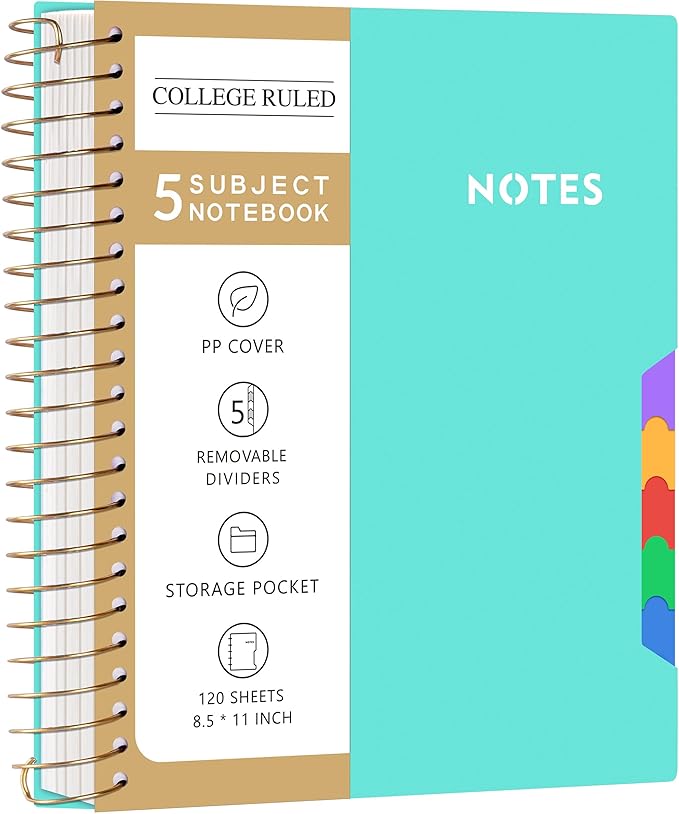 CAGIE Spiral Notebooks for School Work with Removable Dividers Tabs, 8.5” x 11” 5 Subject Notebook College Ruled, Large Lined Journaling Notebook for Women Men Writing, Teal